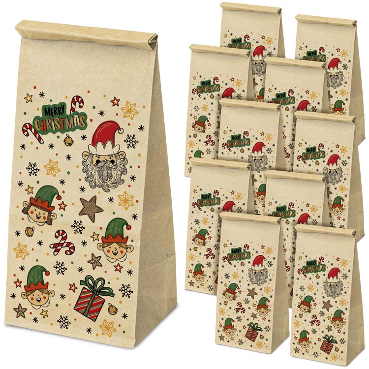 Weihnachtspapiertüte 80x65x190mm Frohe Weihnachten Elfen
