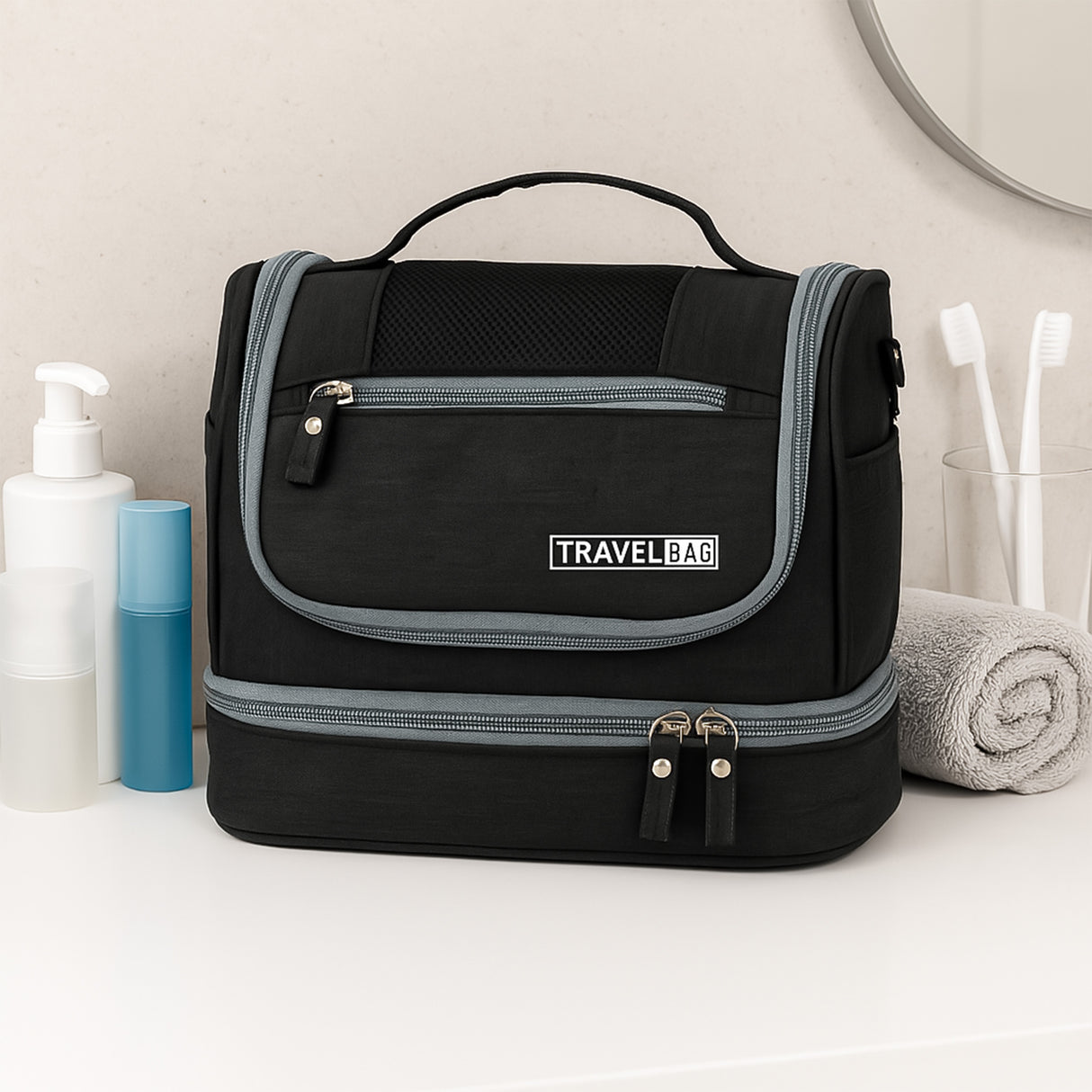 Schwarze Schminktasche großer erweiterbarer Kosmetikkoffer