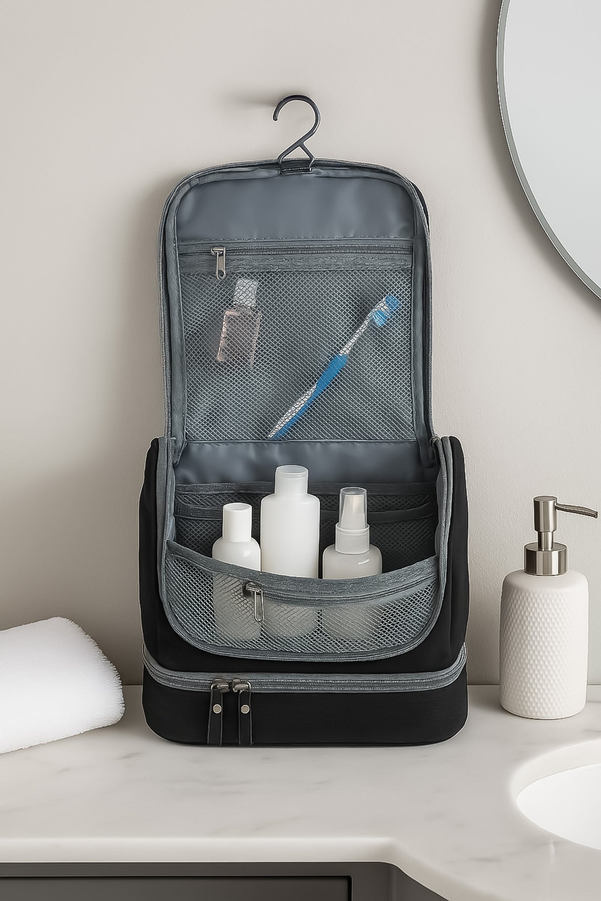 Schwarze Schminktasche großer erweiterbarer Kosmetikkoffer