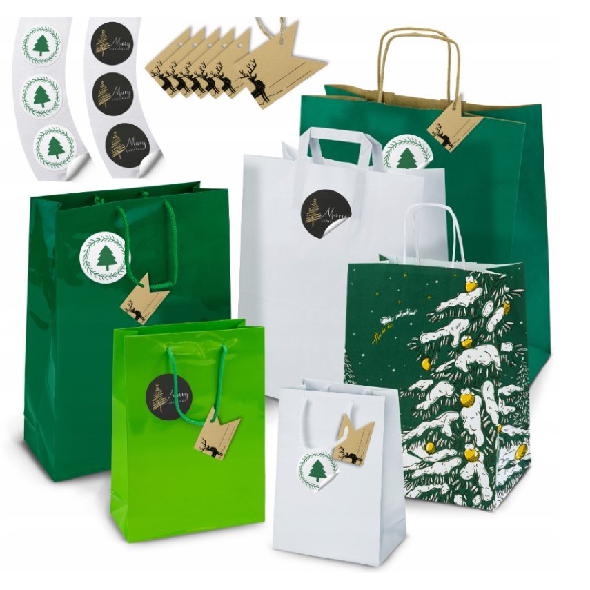 Set Weihnachts-Papiertüten mit Aufklebern und Tischkarten, Größenmix, Grün, 8-tlg.