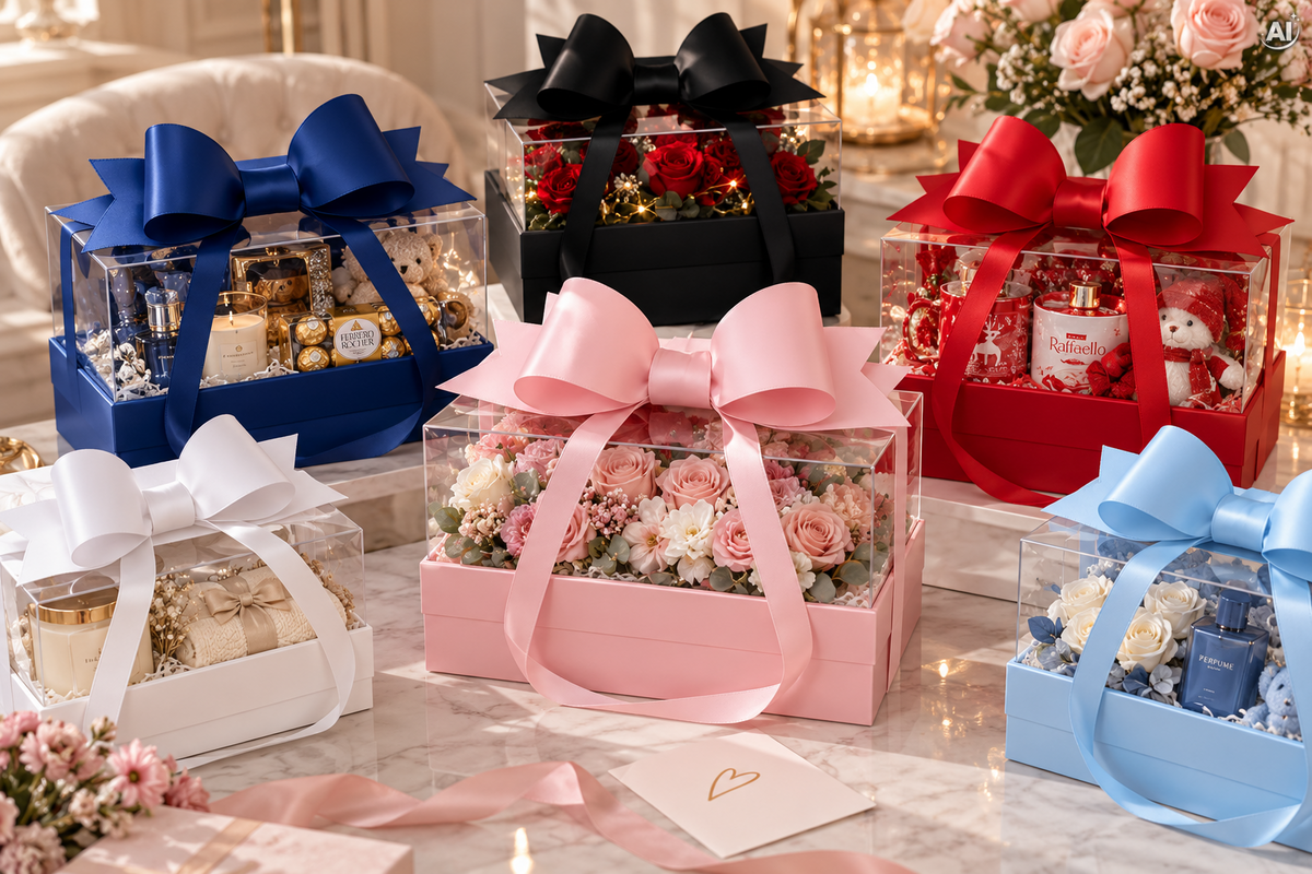 Geschenkbox mit großer Schleife – verschiedene Farben