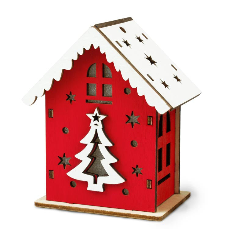 Rotes Adventshaus aus Holz mit Weihnachtsbaum