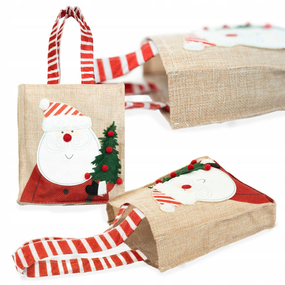 Jutetasche 15x4x19cm Beige mit rot gestreiften Griffen mit Weihnachtsmann-Motiv