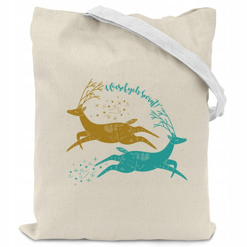 Baumwolltasche 380x420mm ecru mit Rentiermotiv