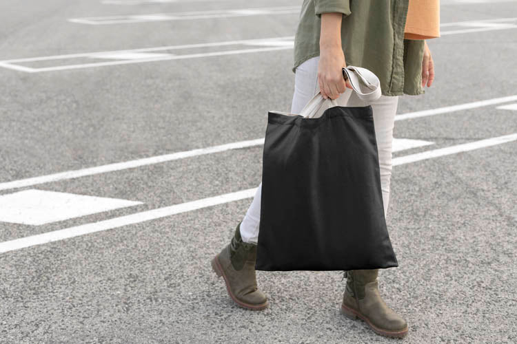 Baumwolltasche Schwarz 380x420 mm 145 g weiß Griff 70 cm