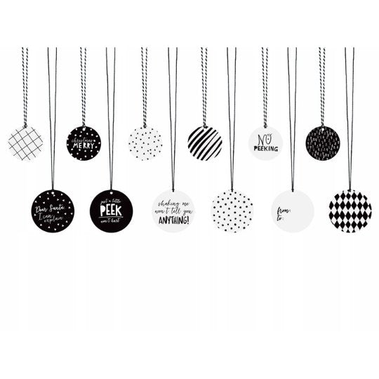 Schwarz-weiße Tischkarten für Geschenke, 12er-Set.