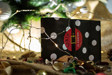 Weihnachtspapiertüten mit Punkten 10x26x6,5 + Weihnachtsaufkleber