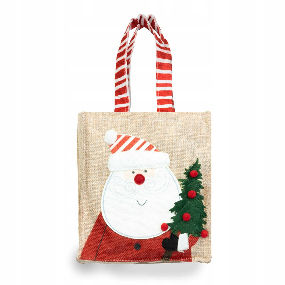 Jutetasche 15x4x19cm Beige mit rot gestreiften Griffen mit Weihnachtsmann-Motiv