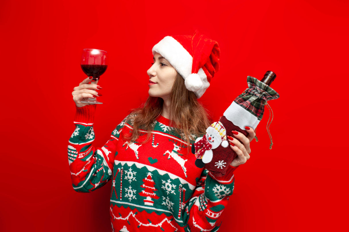 Weihnachts-Flaschenhülle, rot, mit Schneemann