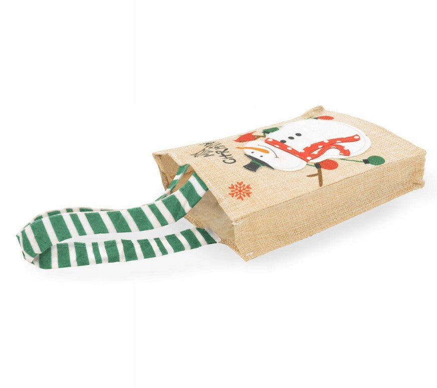 Jutebeutel 150x40x190mm Beige mit Schneemann FROHE WEIHNACHTEN