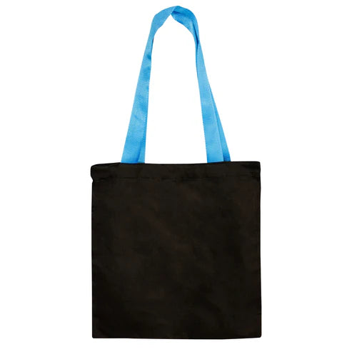 Schwarze Baumwolltasche 36x40cm 220g/m2 mit verstärktem blauem Griff