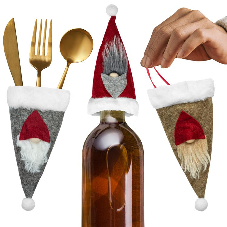 Besteck-Flaschenhülle mit Weihnachtsmützen 3-tlg.