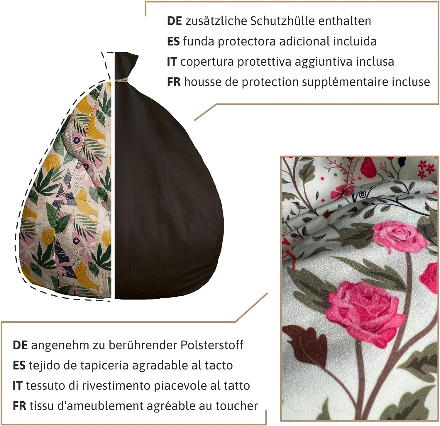 Bean Bag Sitzsack, 80 x 80 x 120 cm, Sitzkissen, mit Tragegriff Boden, Sitzsack Bubibag mit Füllung Leopard Rosa