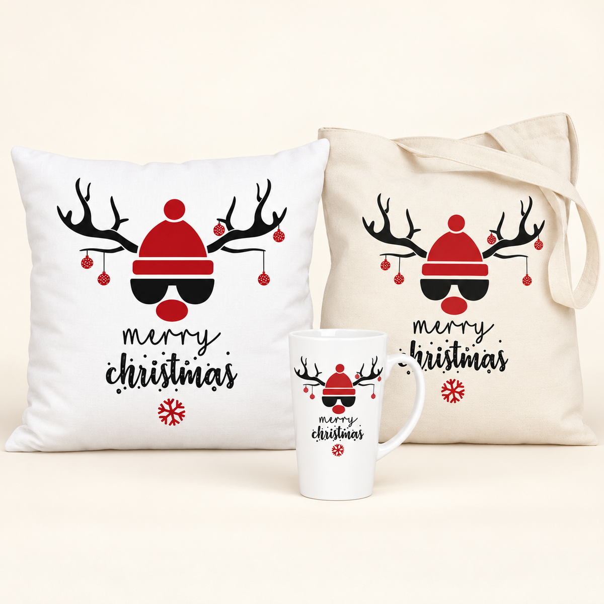 Weihnachtsset Rentier mit Mütze – Tasche, Becher und Kissen