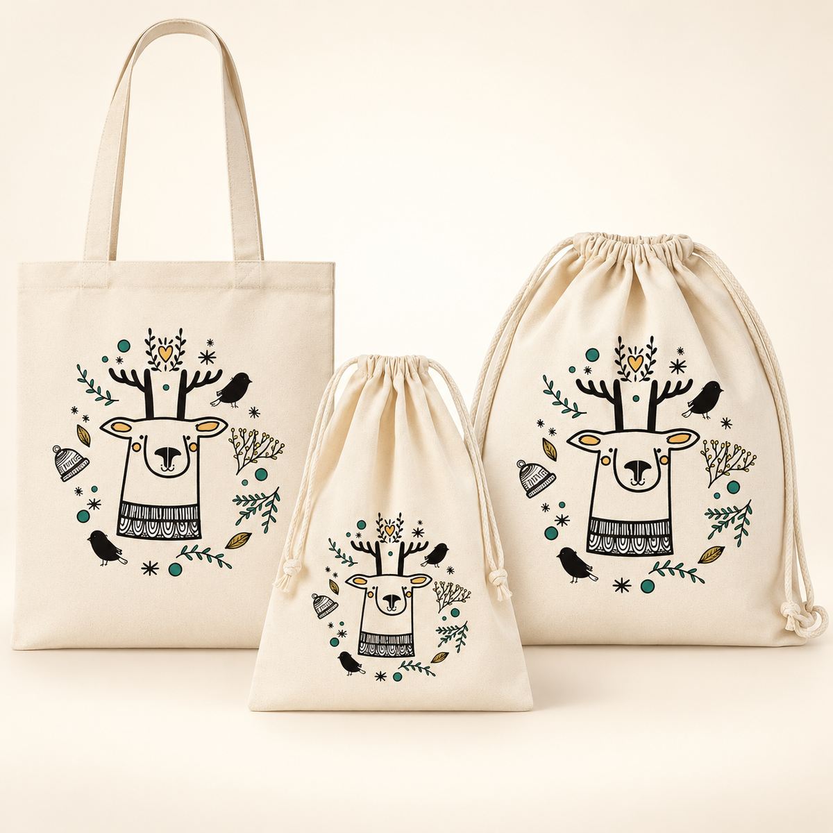 Weihnachtsset Rentier Merry Christmas – Beutel, Turnbeutel und Tasche