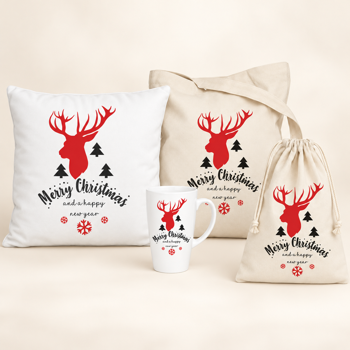 Weihnachtsset Rentier – Beutel, Kissen, Tasche und Becher