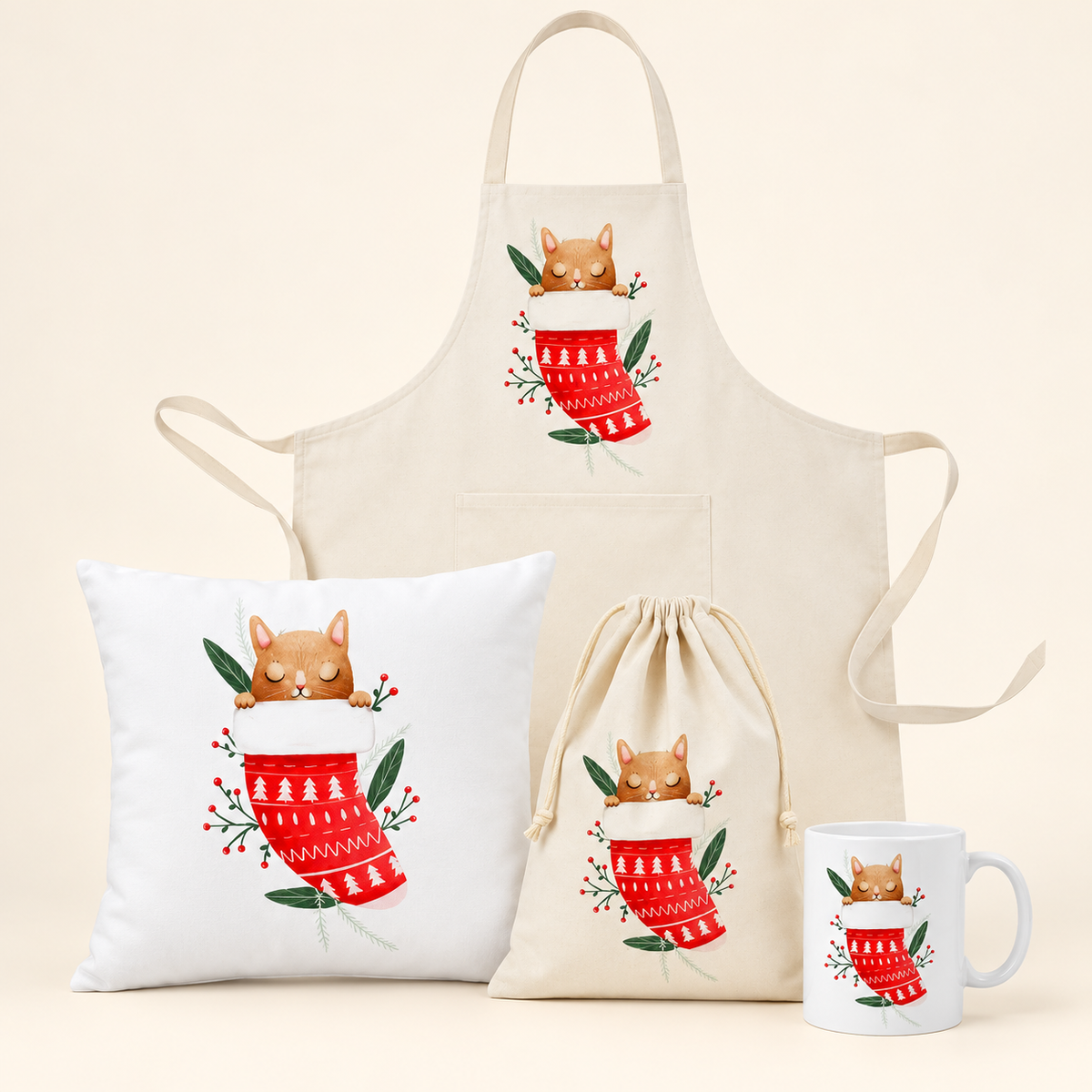 Weihnachtsset Katze – Beutel, Kissen, Schürze und Becher