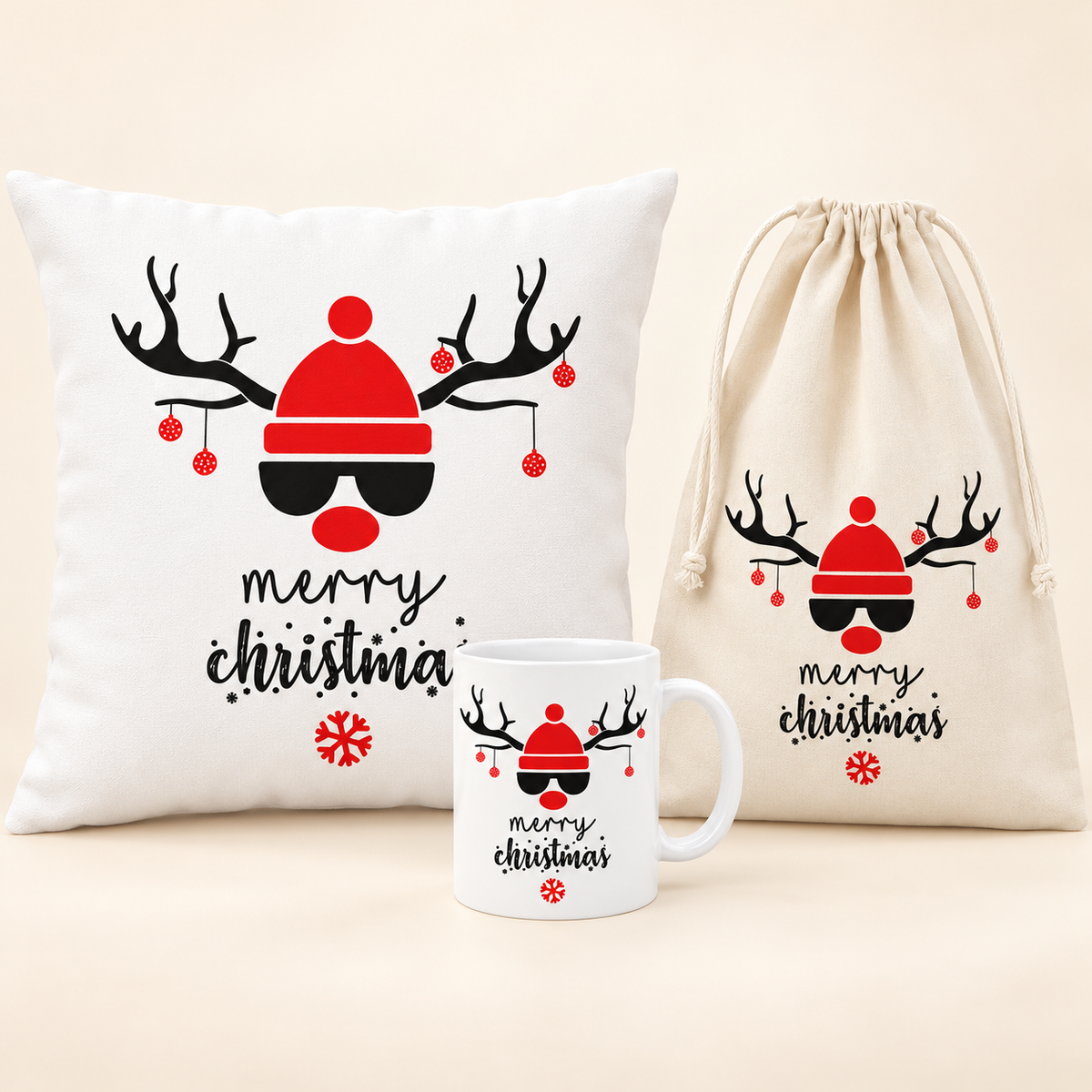 Weihnachtsset Rentier – Beutel, Becher und Kissen