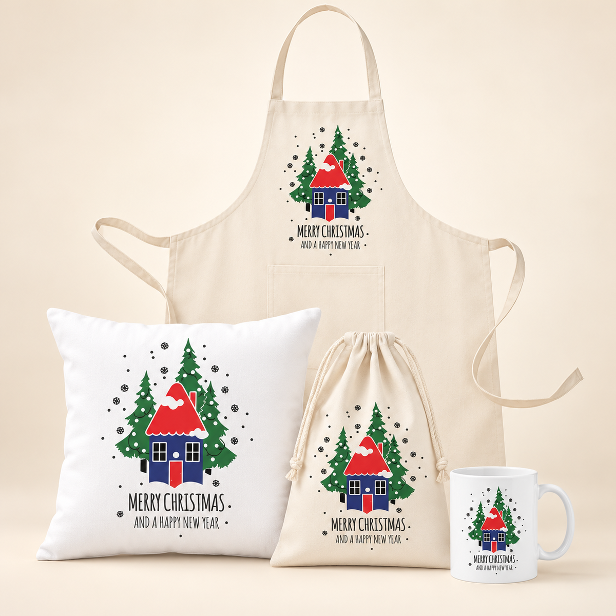 Weihnachtsset Häuschen – Beutel, Kissen, Schürze und Becher