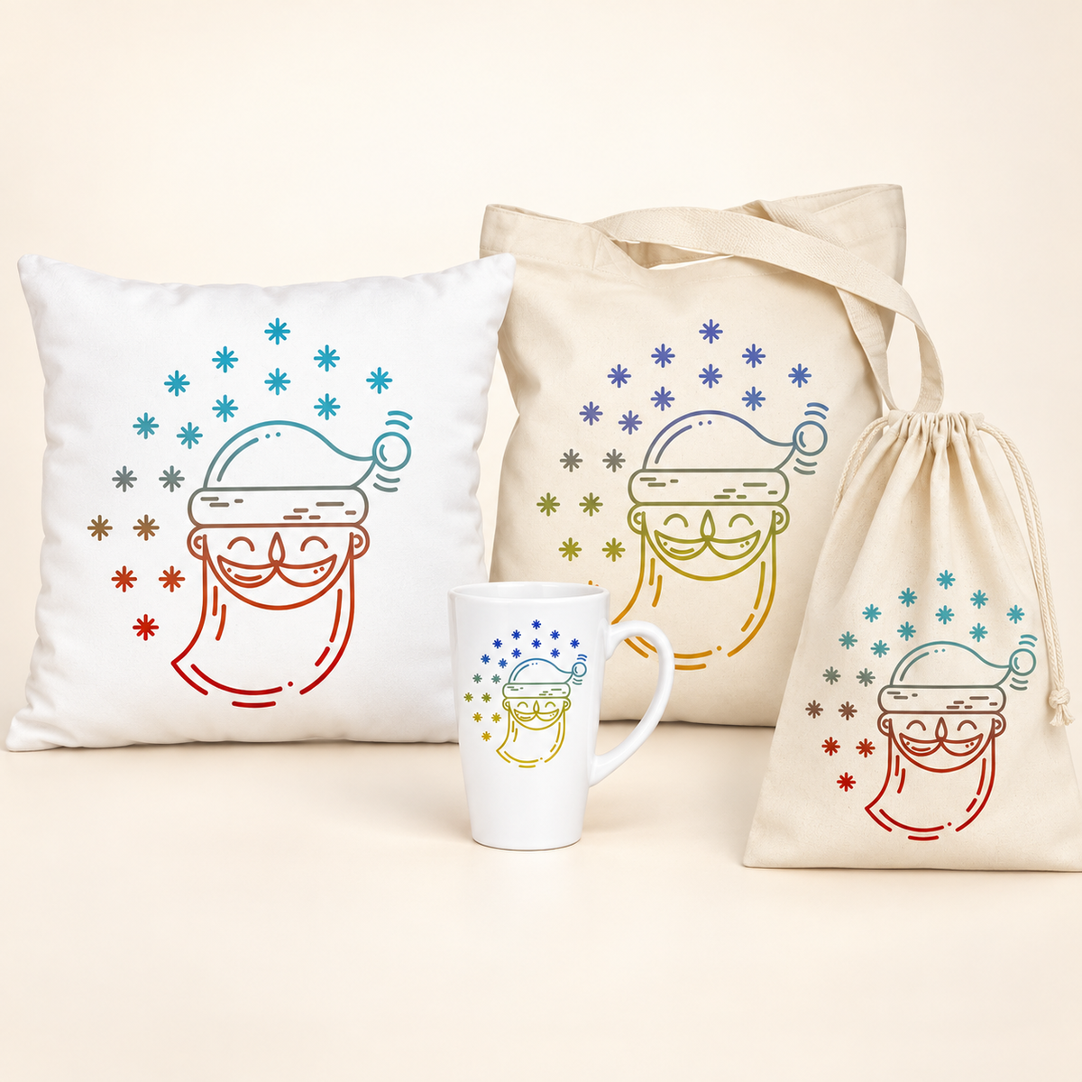 Weihnachtsset Weihnachtsmann – Beutel, Kissen, Tasche und Becher