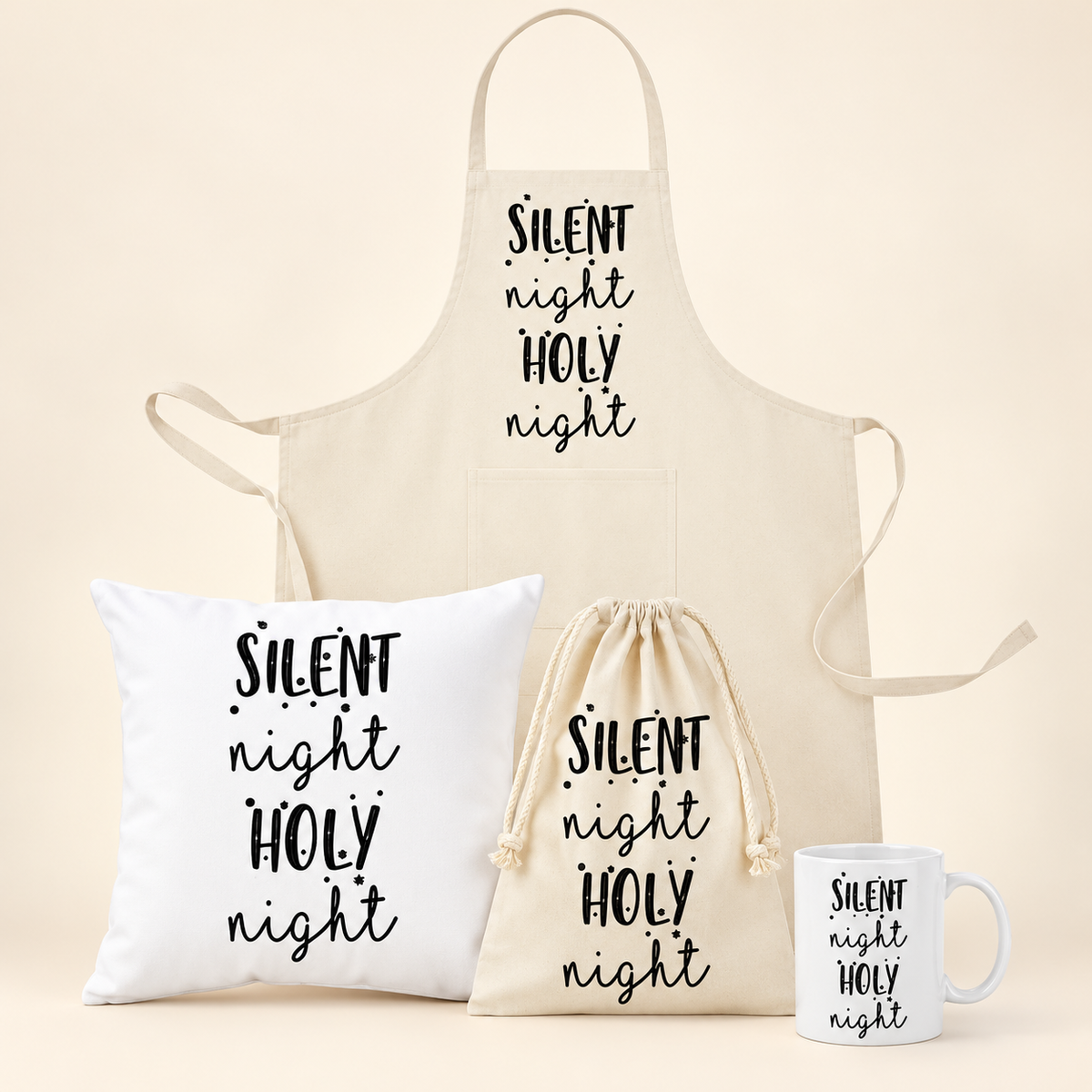 Weihnachtsset Silent Night – Beutel, Kissen, Schürze und Becher