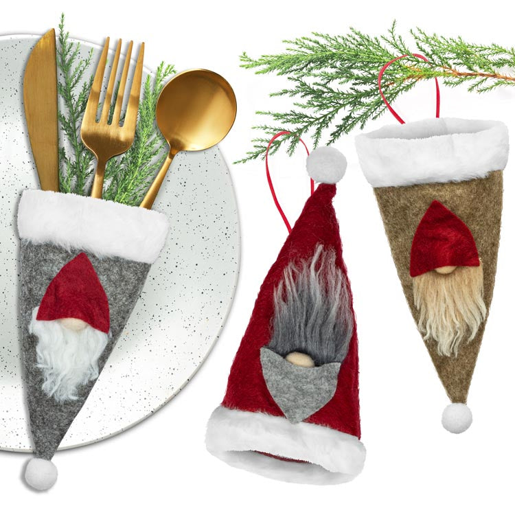 Besteck-Flaschenhülle mit Weihnachtsmützen 3-tlg.