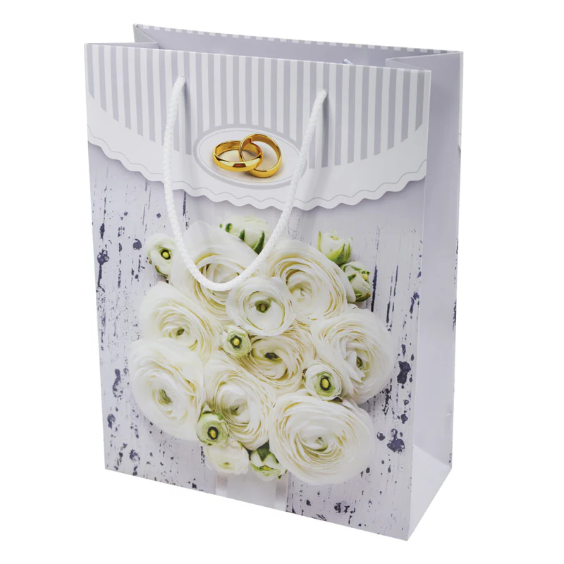 Papiertüte mit Schnurgriff 240x100x320mm weiße Rosen und Eheringe