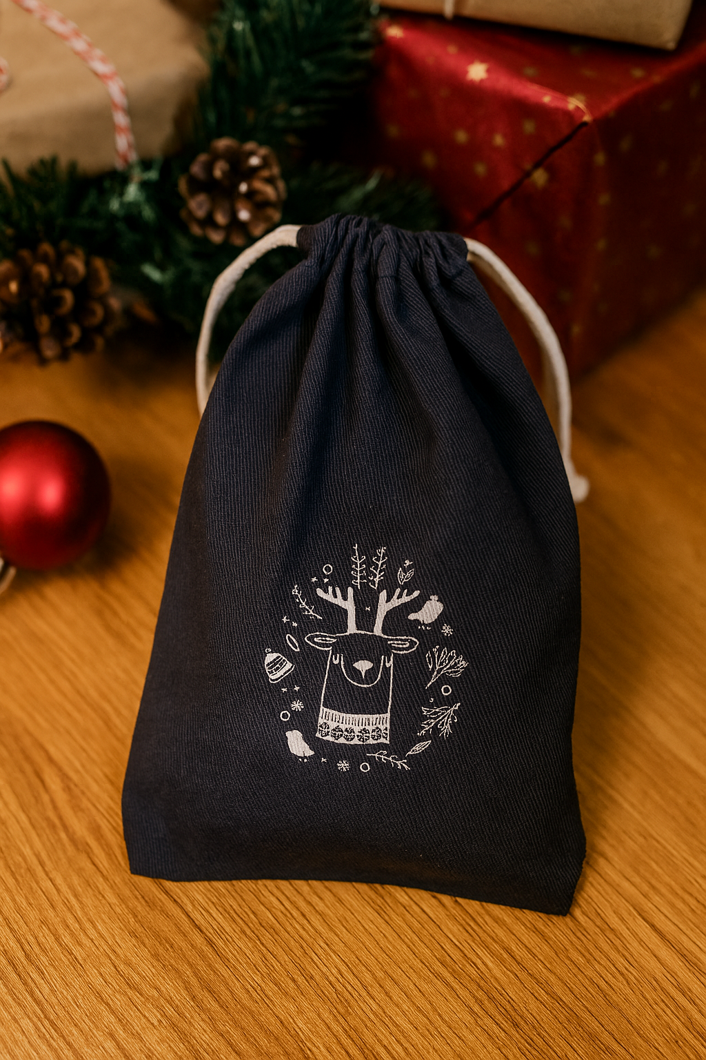 Weihnachts-Baumwolltasche 180x340mm Grau mit Rentier-Aufdruck