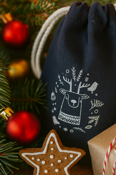 Weihnachts-Baumwolltasche 180x340mm Grau mit Rentier-Aufdruck