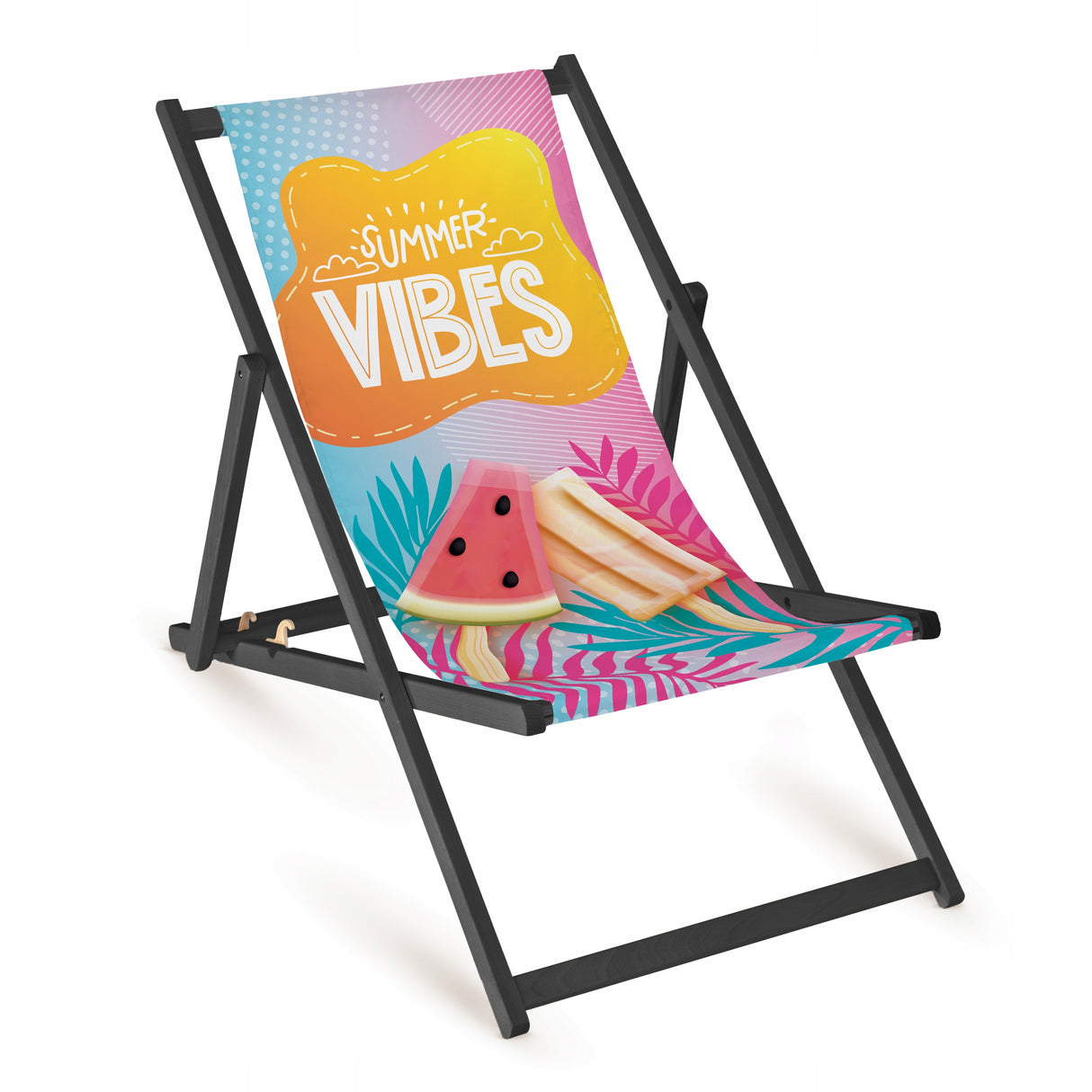 Holz-Liegestuhl Summer Vibes Fullprint mit schwarzem Gestell