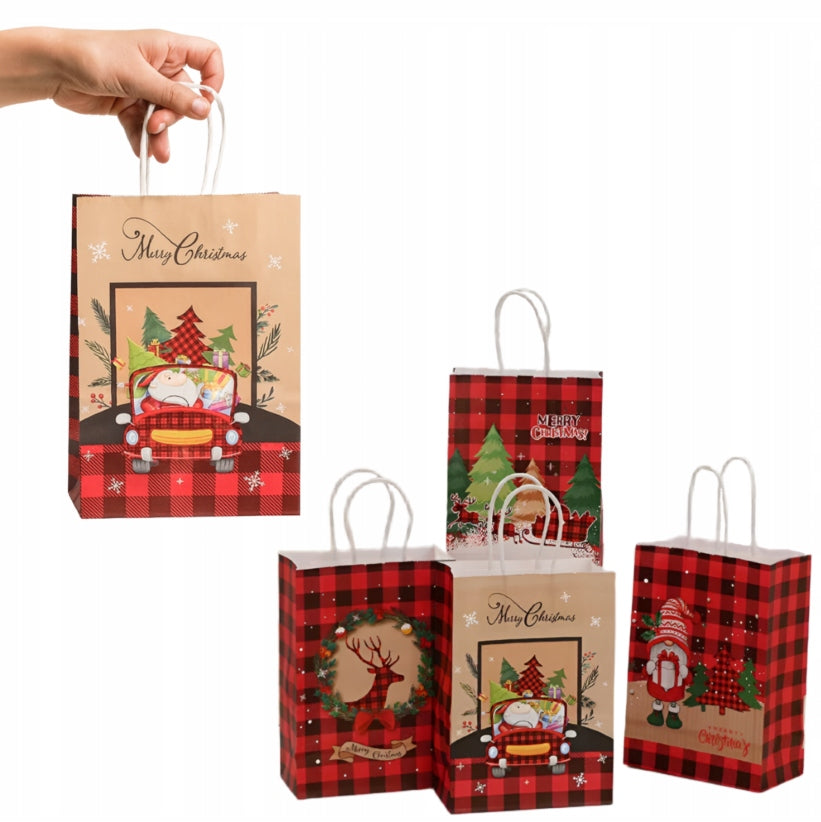 Papiertüte mit gedrehtem Henkel 330x120x260mm rot kariertes Weihnachtsmuster 4St.