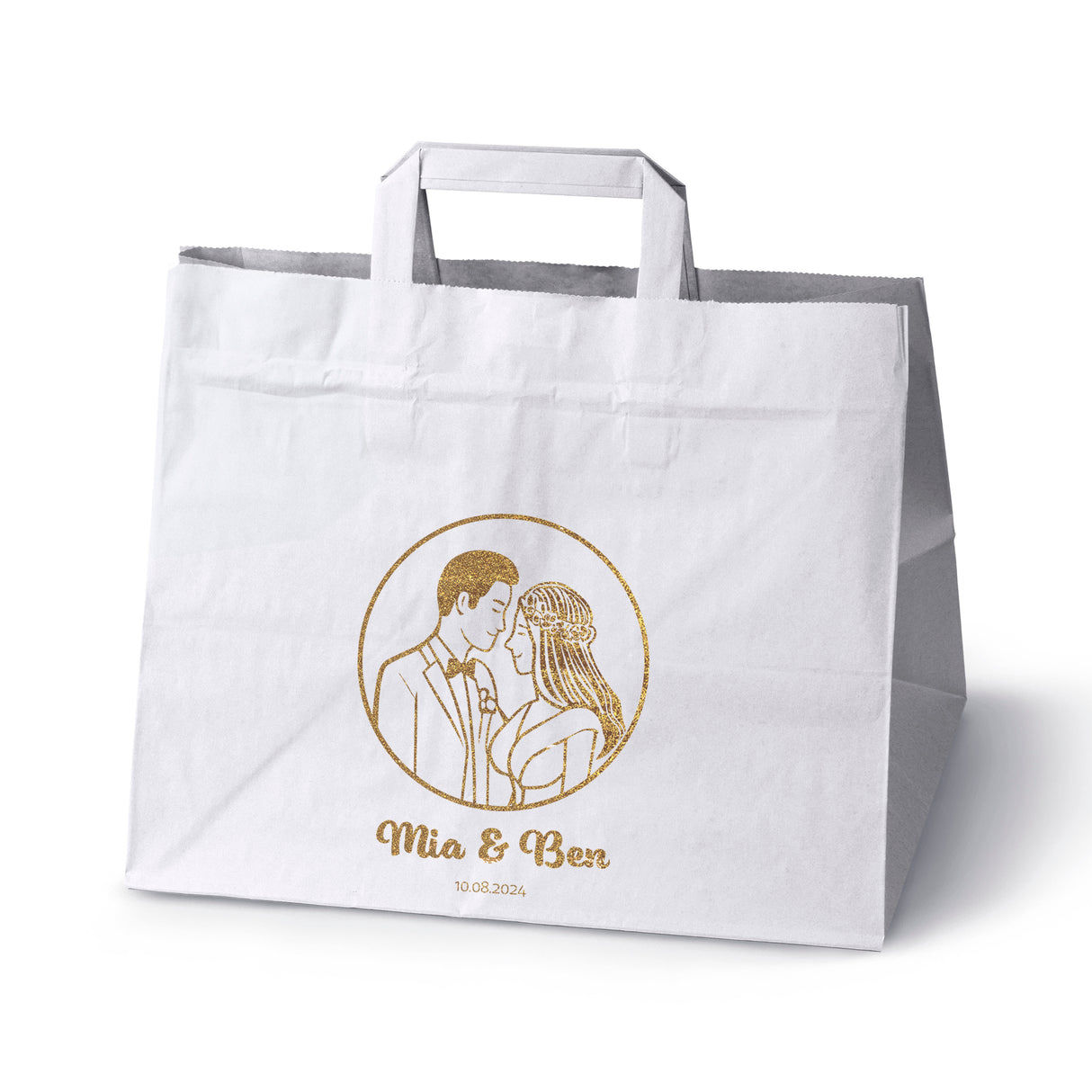 Hochzeitspapiertüten 50 Stück Weiß+Gold 320x220x245mm Braut und Bräutigam NAMEN+DATUM