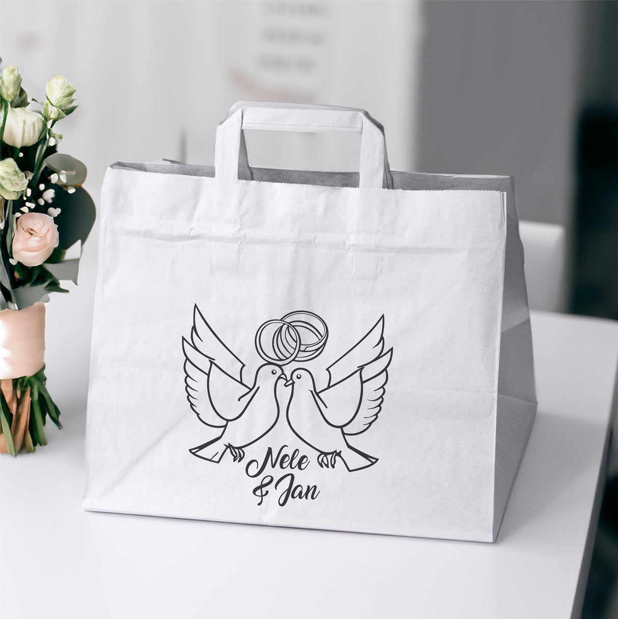 Hochzeitspapiertüten 50 Stück Weiß 320x220x245mm Taube NAMEN