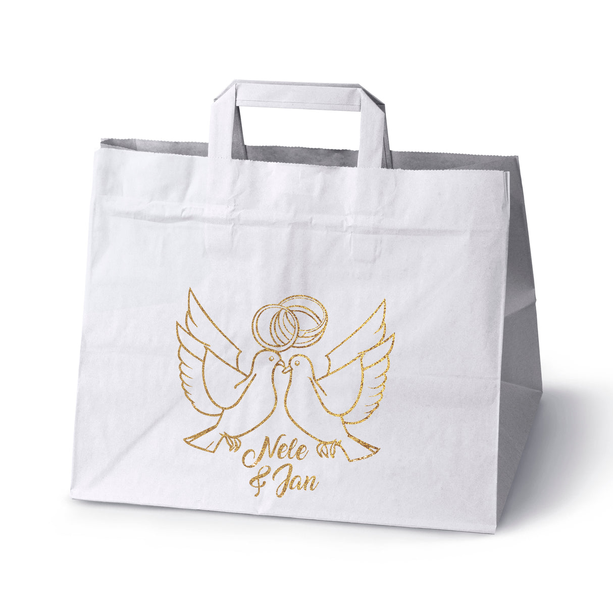Hochzeitspapiertüten 50 Stück Weiß+Gold 320x220x245mm Taube NAMEN