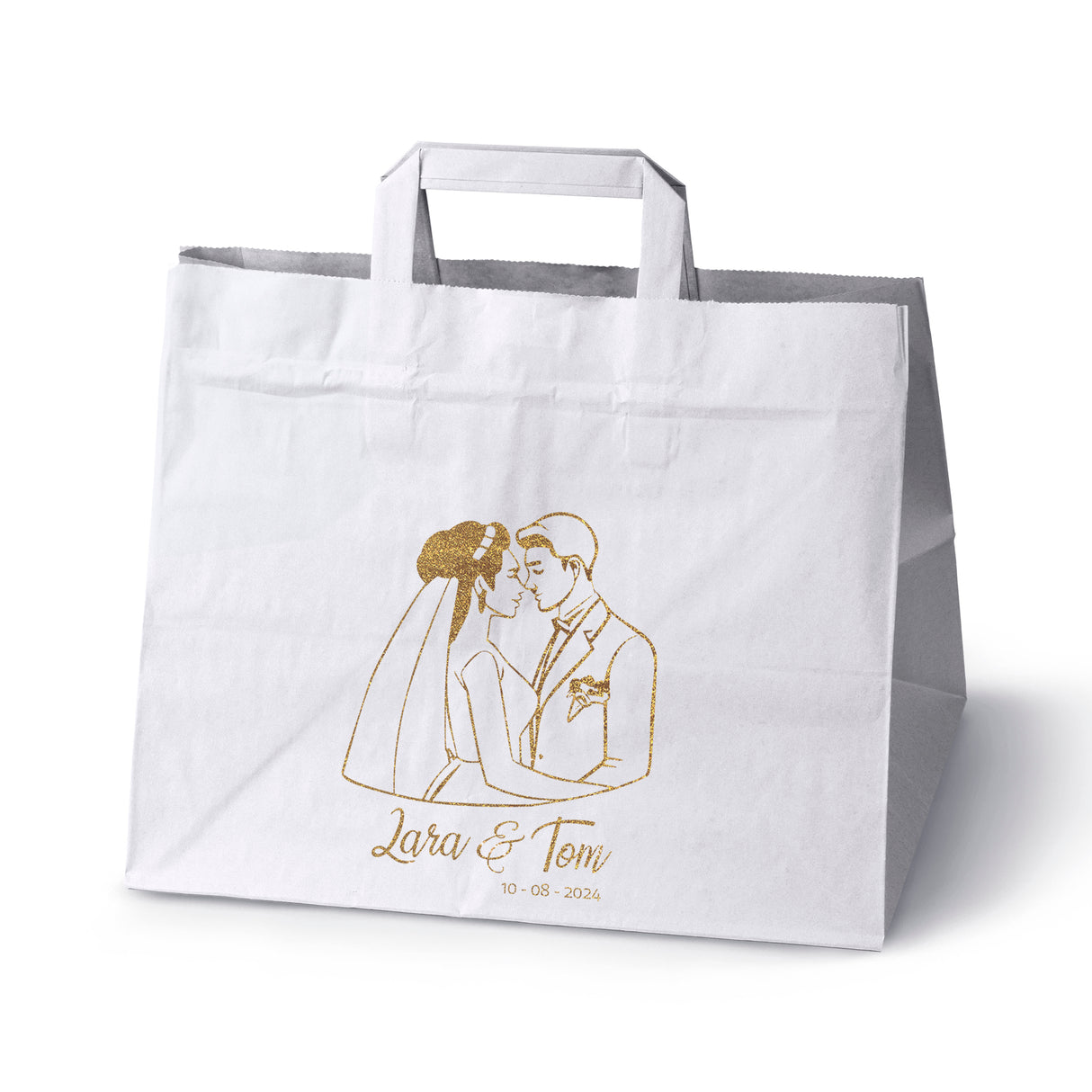 Hochzeitspapiertüten 50 Stück Weiß+Gold 320x220x245mm Bräutigam und Braut NAMEN+DATUM