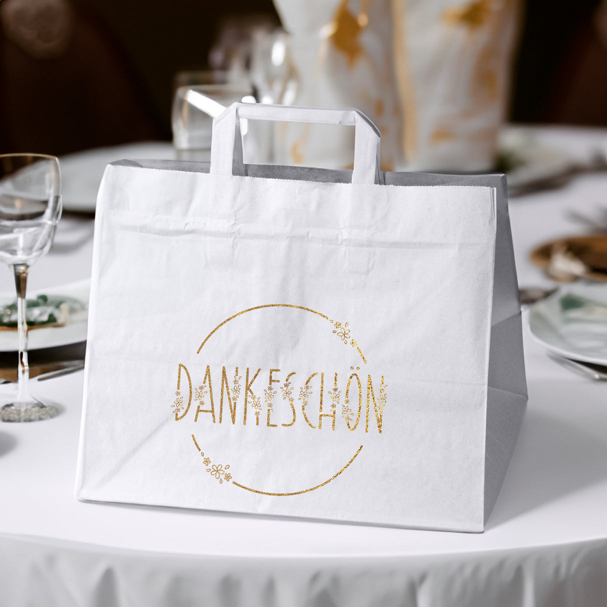 Hochzeitspapiertüten 50 Stück Weiß+Gold 320x220x245mm Dankeschön