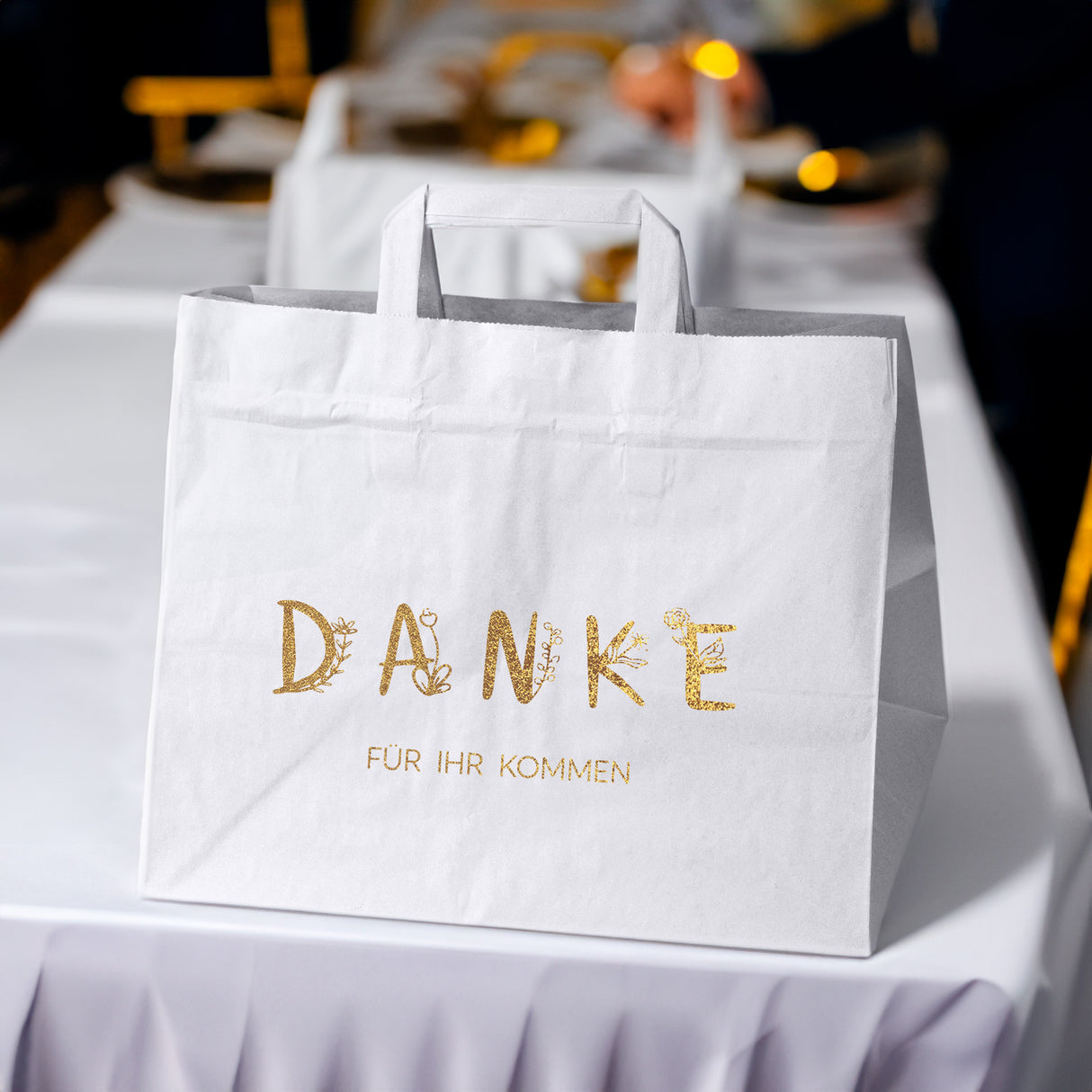 Hochzeitspapiertüten 50 Stück Weiß+Gold 320x220x245mm Danke für Ihr Kommen