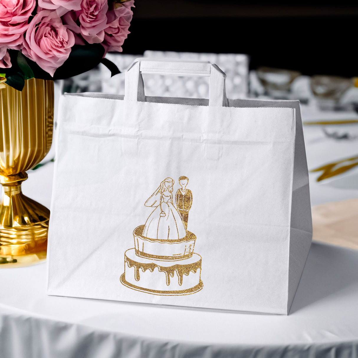 Hochzeitspapiertüten 50 Stück Weiß+Gold 320x220x245mm Hochzeitstorte