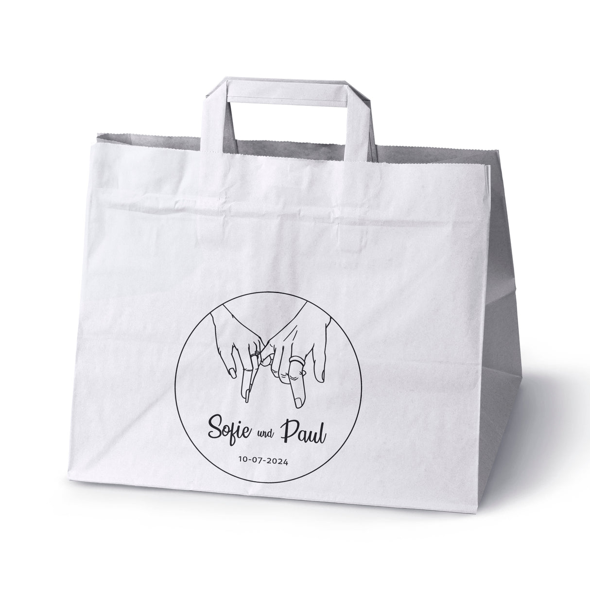 Hochzeitspapiertüten 50 Stück Weiß 320x220x245mm Hände der Braut und des Bräutigams NAMEN+DATUM