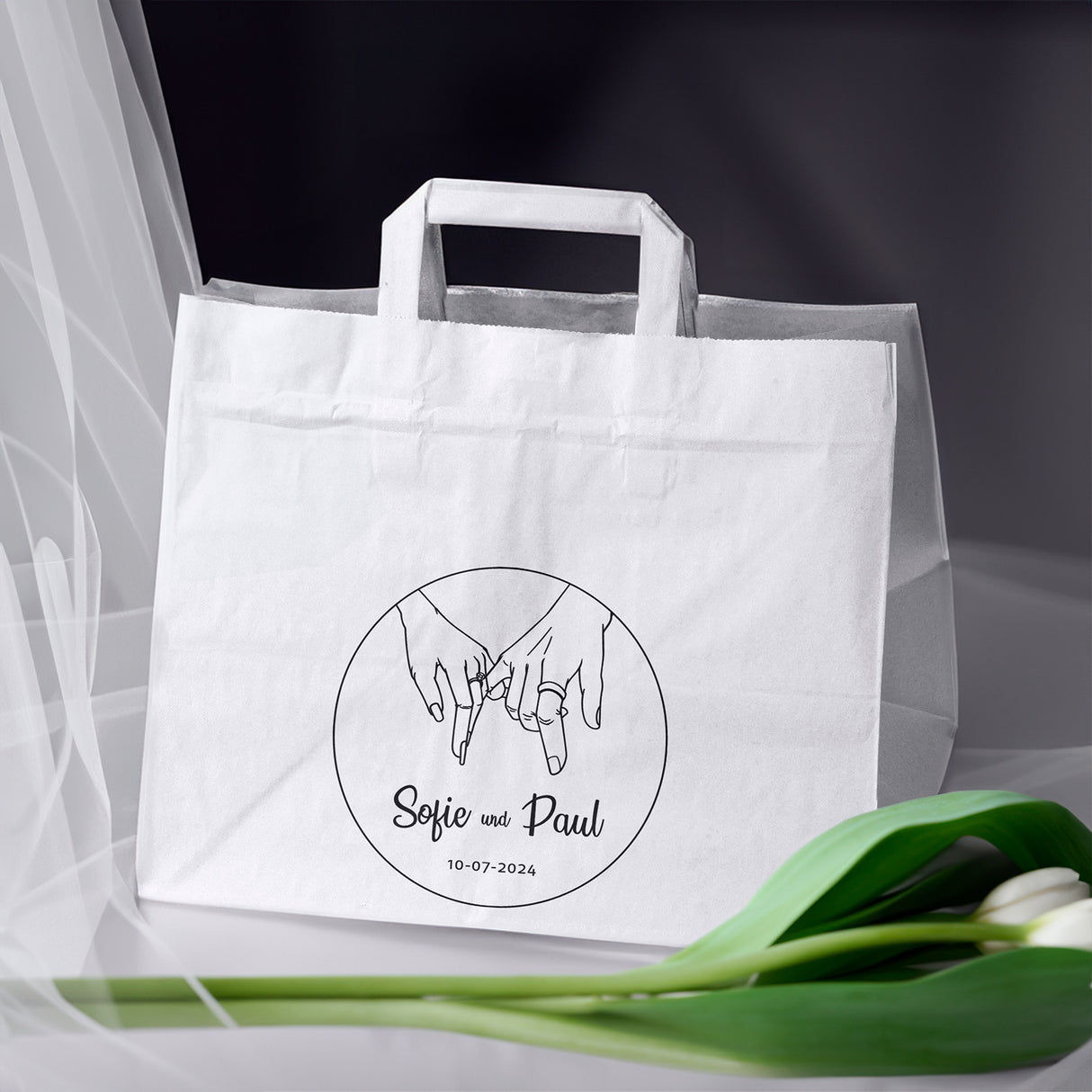 Hochzeitspapiertüten 50 Stück Weiß 320x220x245mm Hände der Braut und des Bräutigams NAMEN+DATUM