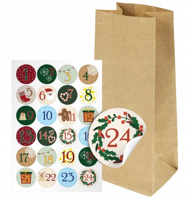 ADVENTSKALENDER 24 tlg. PAPIER GESCHENKTÜTEN + AUFKLEBER Set
