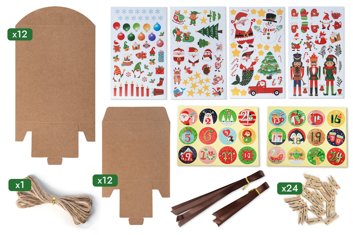Adventskalender in Schachtel mit Weihnachtsaufklebern