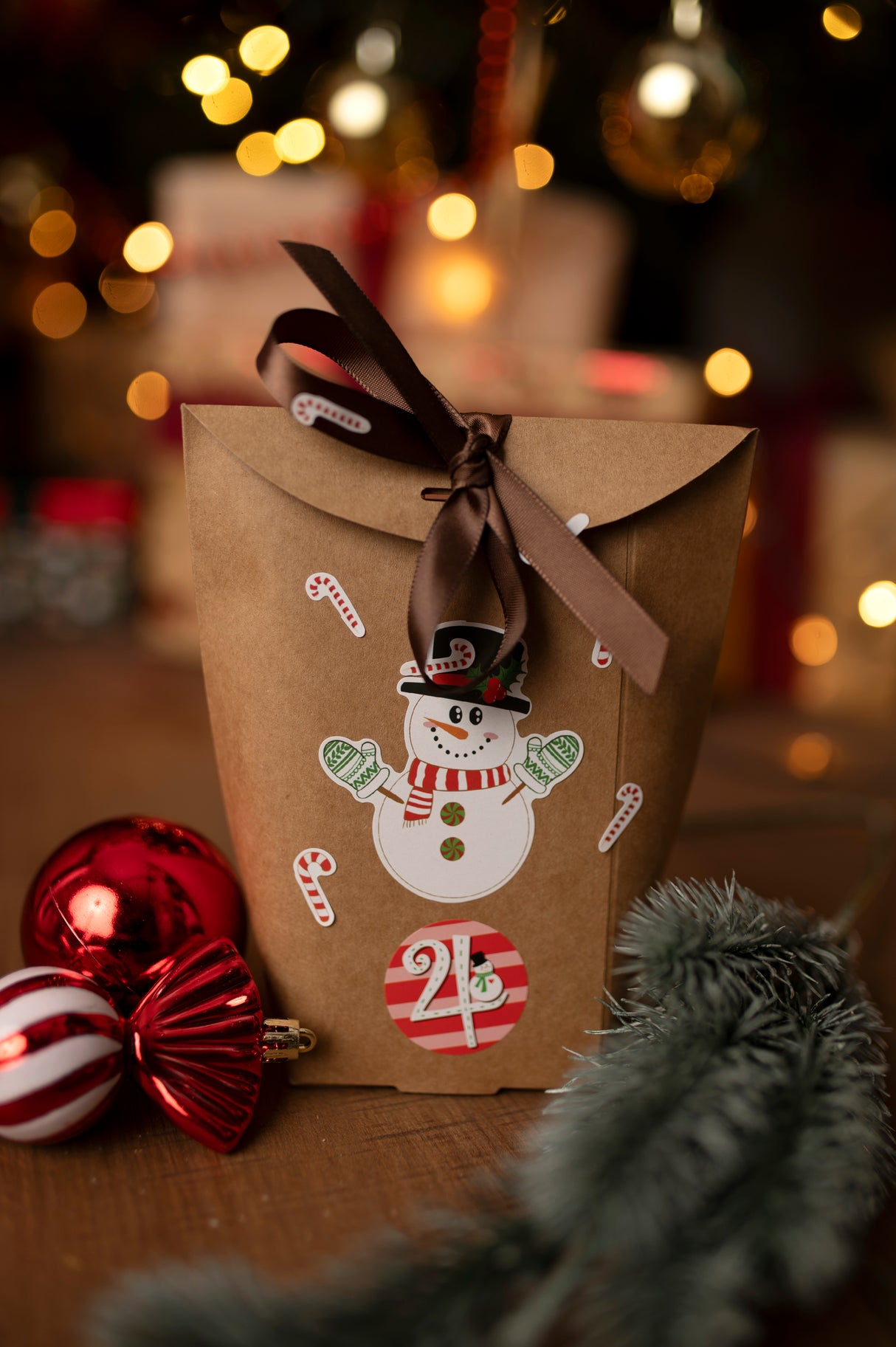 Adventskalender in Schachtel mit Weihnachtsaufklebern