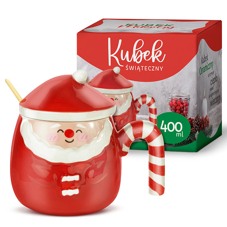 Rote Weihnachtsmann-Tasse mit Deckel, Keramik