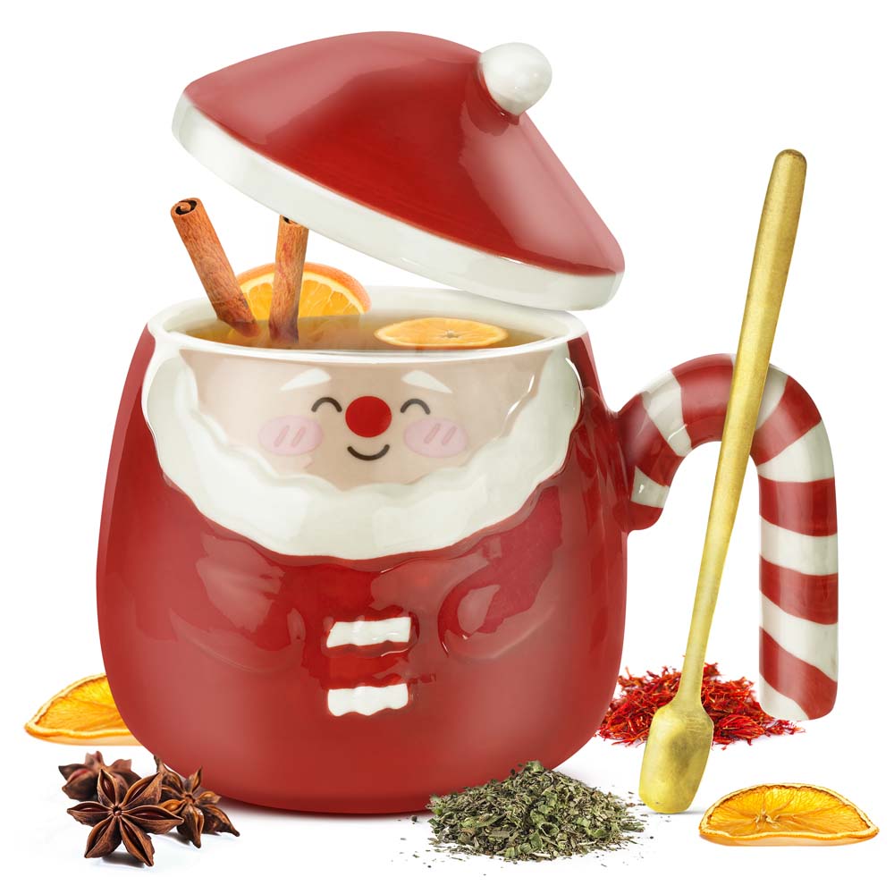 Rote Weihnachtsmann-Tasse mit Deckel, Keramik