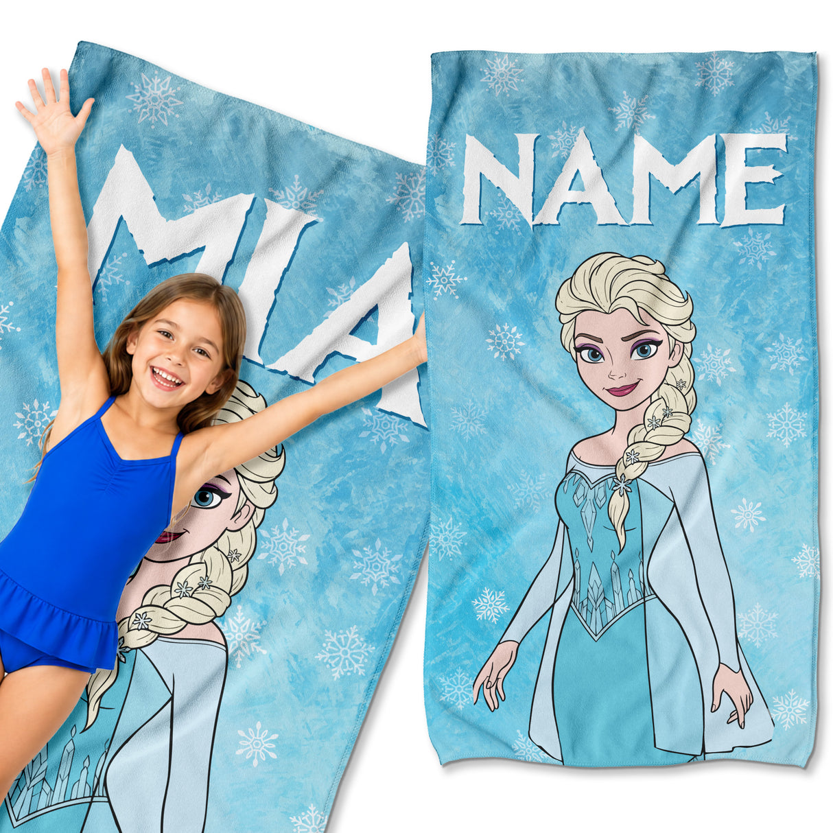 Mikrofaser Strandhandtuch 150x80 cm für Kinder – Die Eiskönigin (Frozen) Motiv mit Wunschname