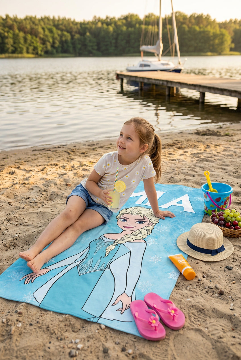 Mikrofaser Strandhandtuch 150x80 cm für Kinder – Die Eiskönigin (Frozen) Motiv mit Wunschname