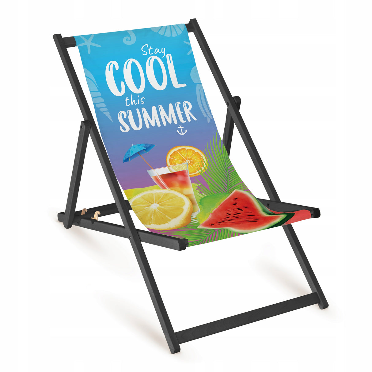Holz-Liegestuhl Stay Cool Fullprint mit schwarzem Gestell