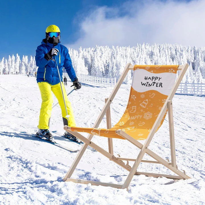 Liegestuhl aus Holz Gold mit HAPPY WINTER-Aufdruck