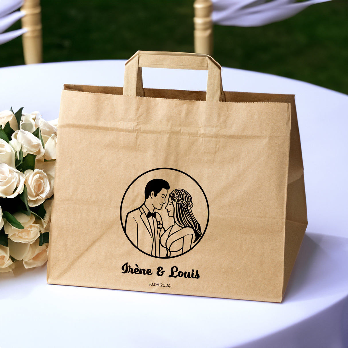 Hochzeitspapiertüten 50 Stück Braun 320x220x245mm Braut und Bräutigam NAMEN+DATUM